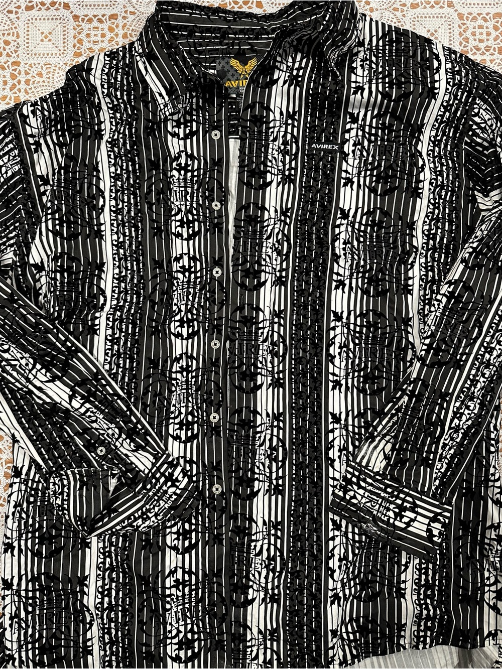 Avirex 3XL Flocked Velvet Graphic Button Up Shirt Black White Cotton